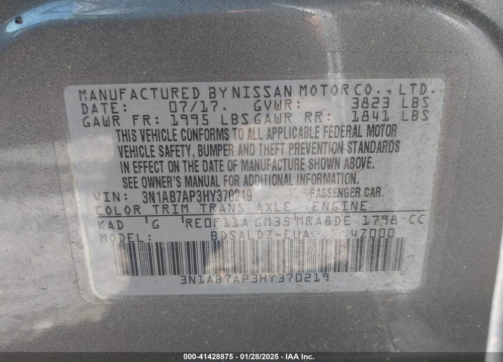 2017 NISSAN SENTRA VIN: 3N1AB7AP3HY370219