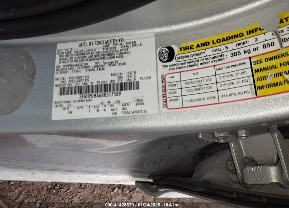 2011 FORD FUSION VIN: 3FAHP0HA6BR317589