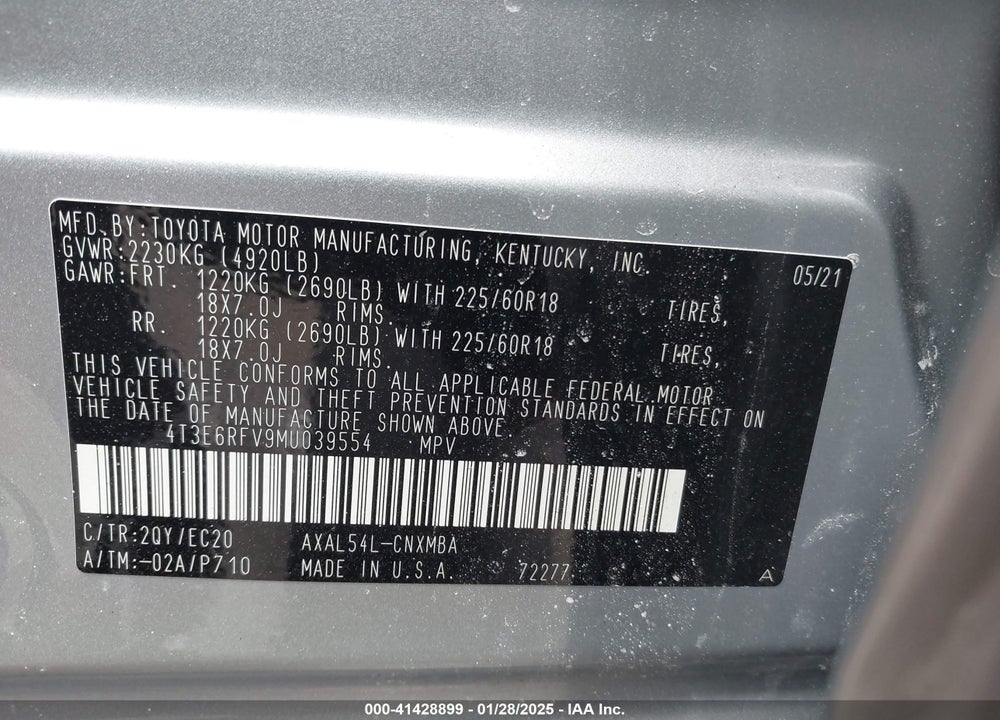 2021 TOYOTA RAV4 HYBRID VIN: 4T3E6RFV9MU039554