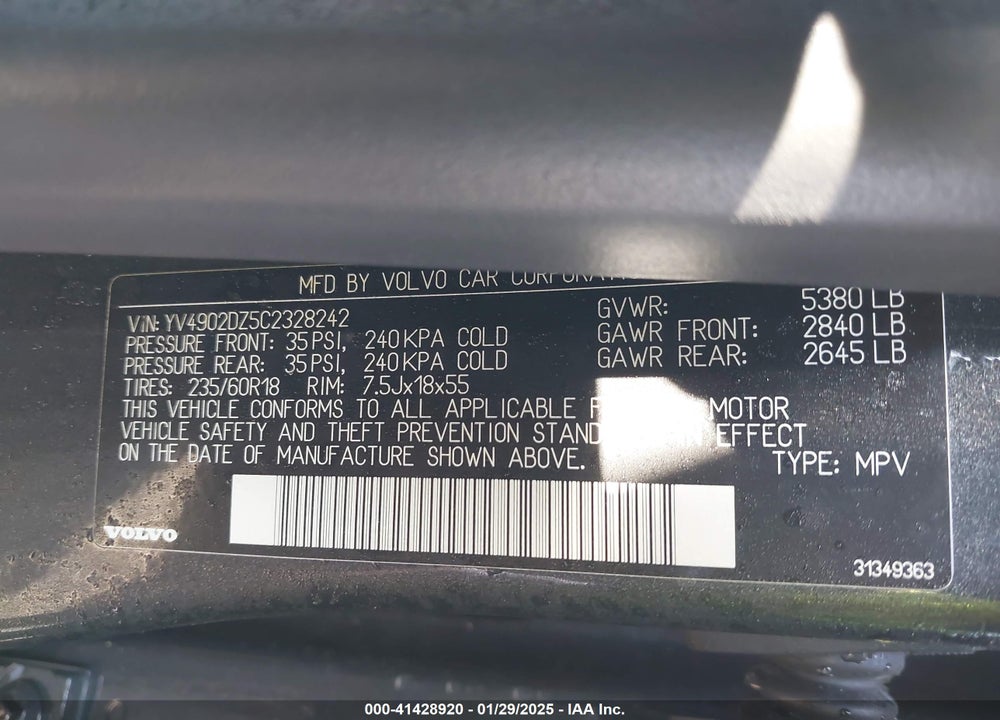 2012 VOLVO XC60 T6/T6 PLATINUM/T6 PREMIER PLUS/T6 R-DESIGN/T6 R-DESIGN PLATINUM/T6 R-DESIGN PREMIER PLUS VIN: YV4902DZ5C2328242