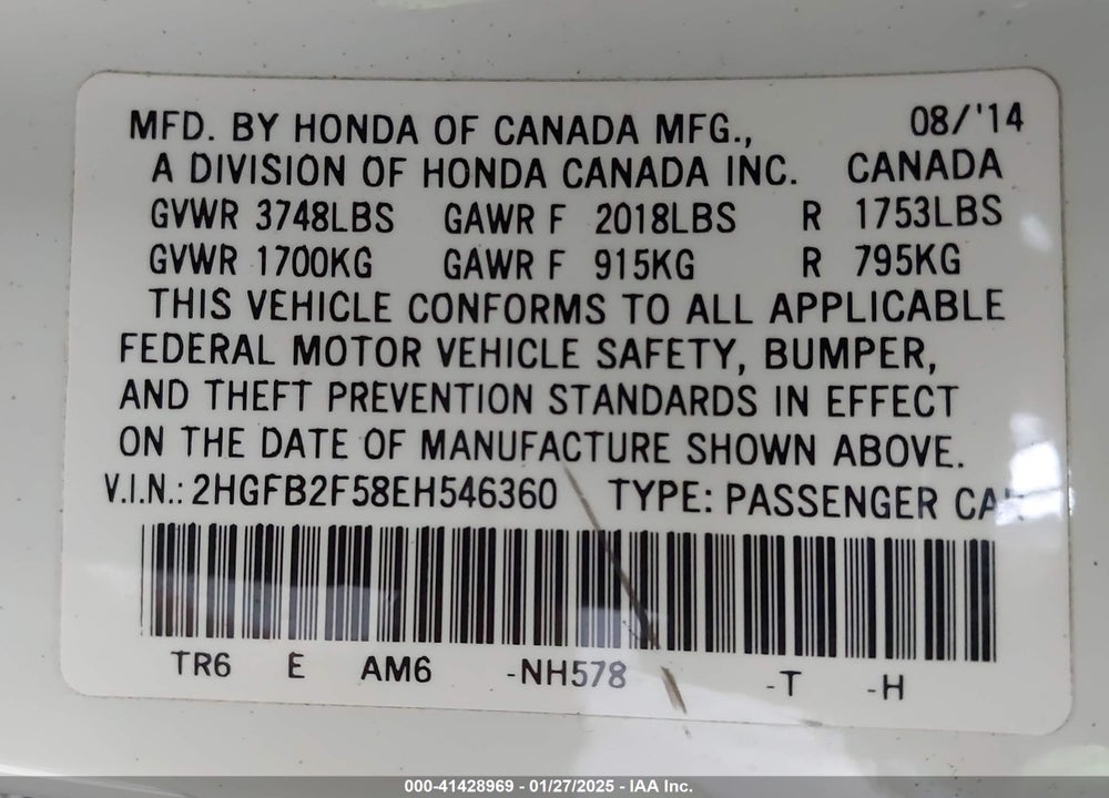 2014 HONDA CIVIC LX VIN: 2HGFB2F58EH546360