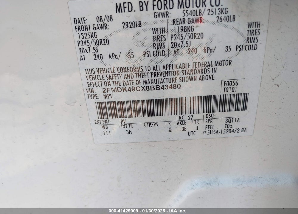 2008 FORD EDGE LIMITED VIN: 2FMDK49CX8BB43480