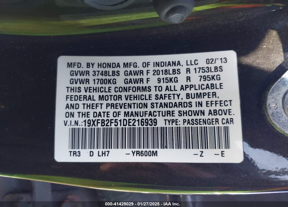 2013 HONDA CIVIC VIN: 19XFB2F51DE216939