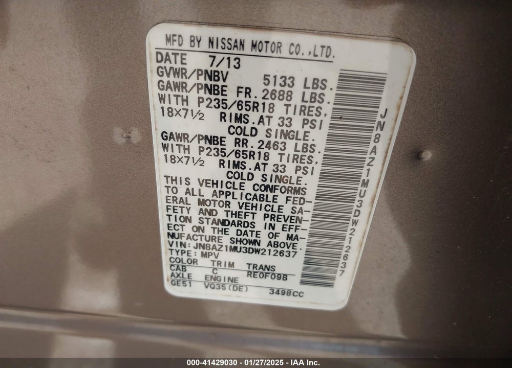 2013 NISSAN MURANO S VIN: JN8AZ1MU3DW212637