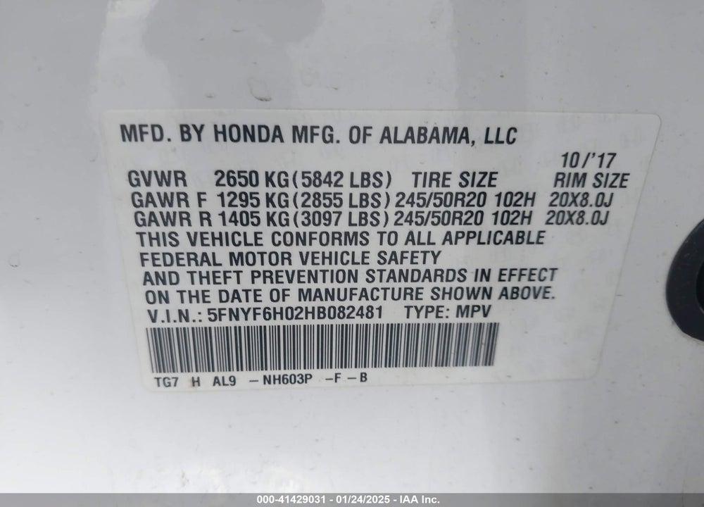 2017 HONDA PILOT VIN: 5FNYF6H02HB082481