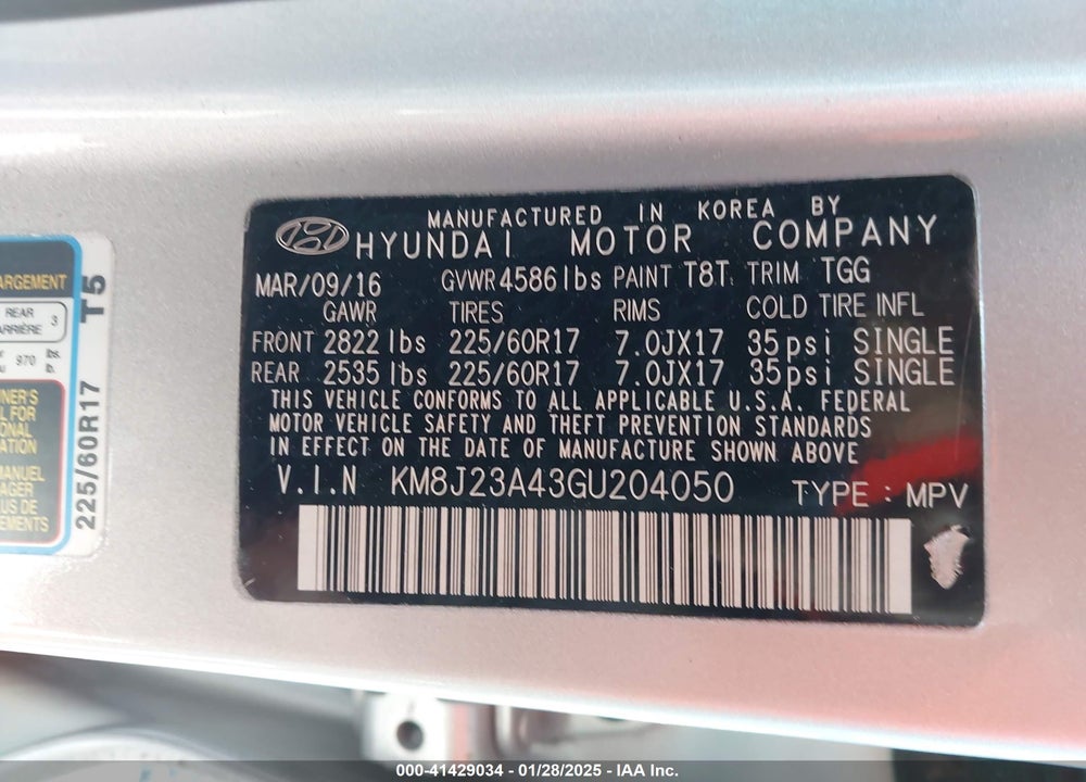 2016 HYUNDAI TUCSON SE VIN: KM8J23A43GU204050