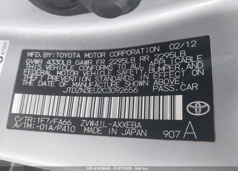 2012 TOYOTA PRIUS V TWO VIN: JTDZN3EU2C3092656