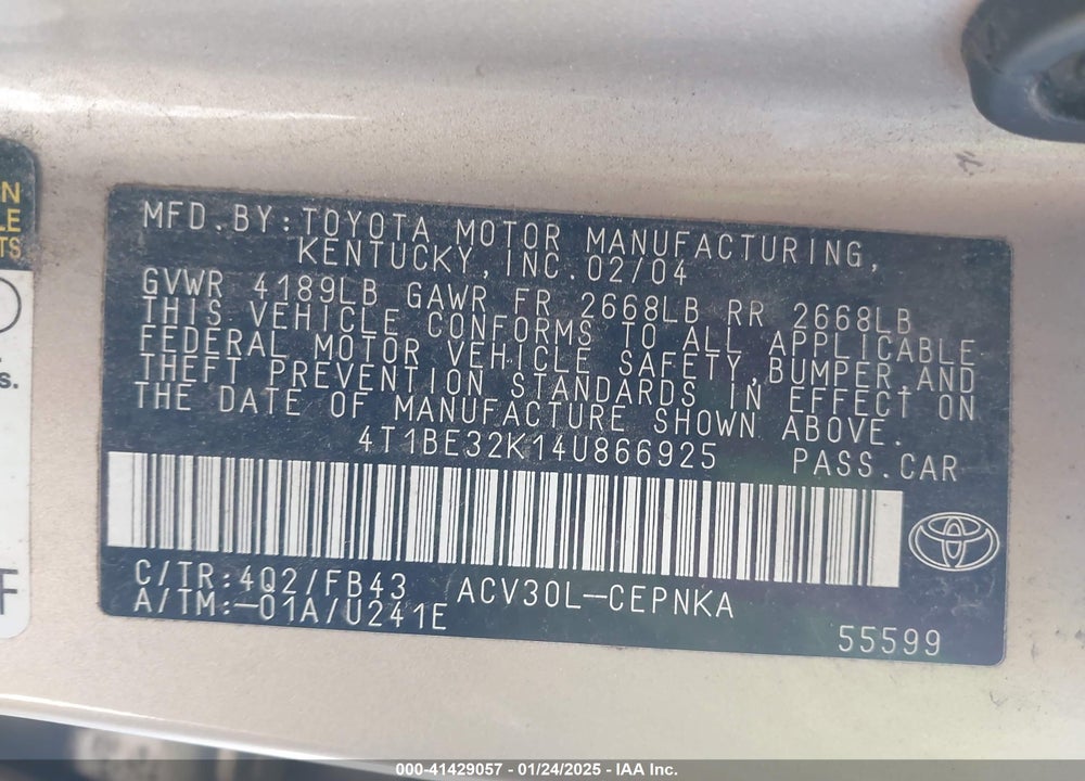 2004 TOYOTA CAMRY LE VIN: 4T1BE32K14U866925