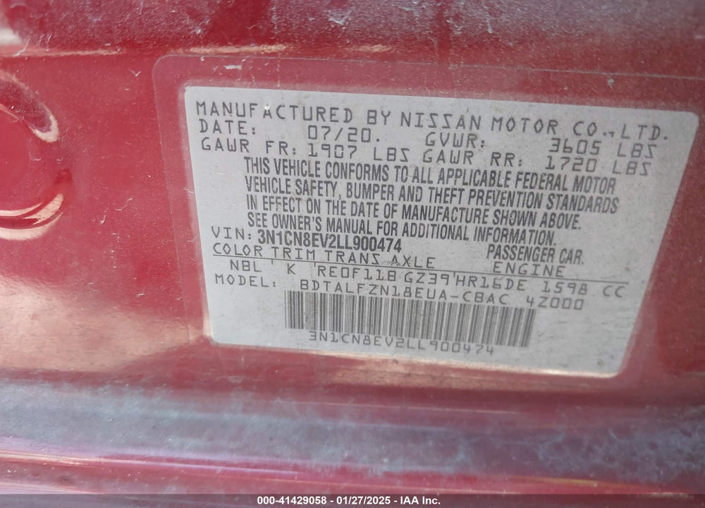 2020 NISSAN VERSA SV XTRONIC CVT VIN: 3N1CN8EV2LL900474