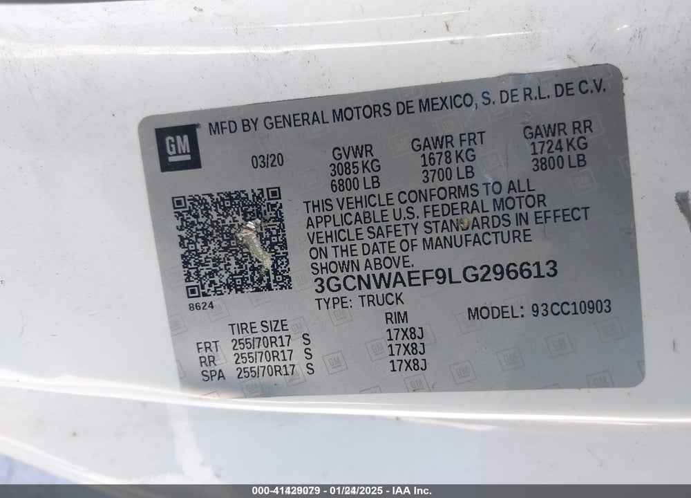 2020 CHEVROLET SILVERADO 1500 2WD LONG BED WT VIN: 3GCNWAEF9LG296613