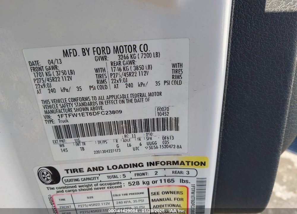 2013 FORD F-150 VIN: 1FTFW1ET6DFC23809