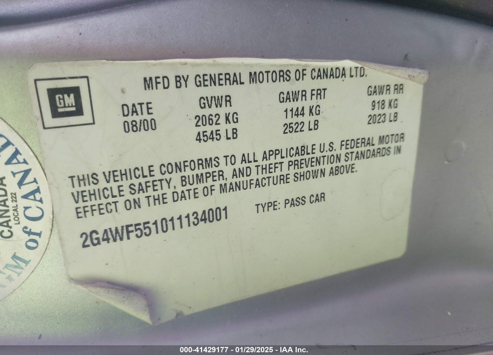 2001 BUICK REGAL GS VIN: 2G4WF551011134001