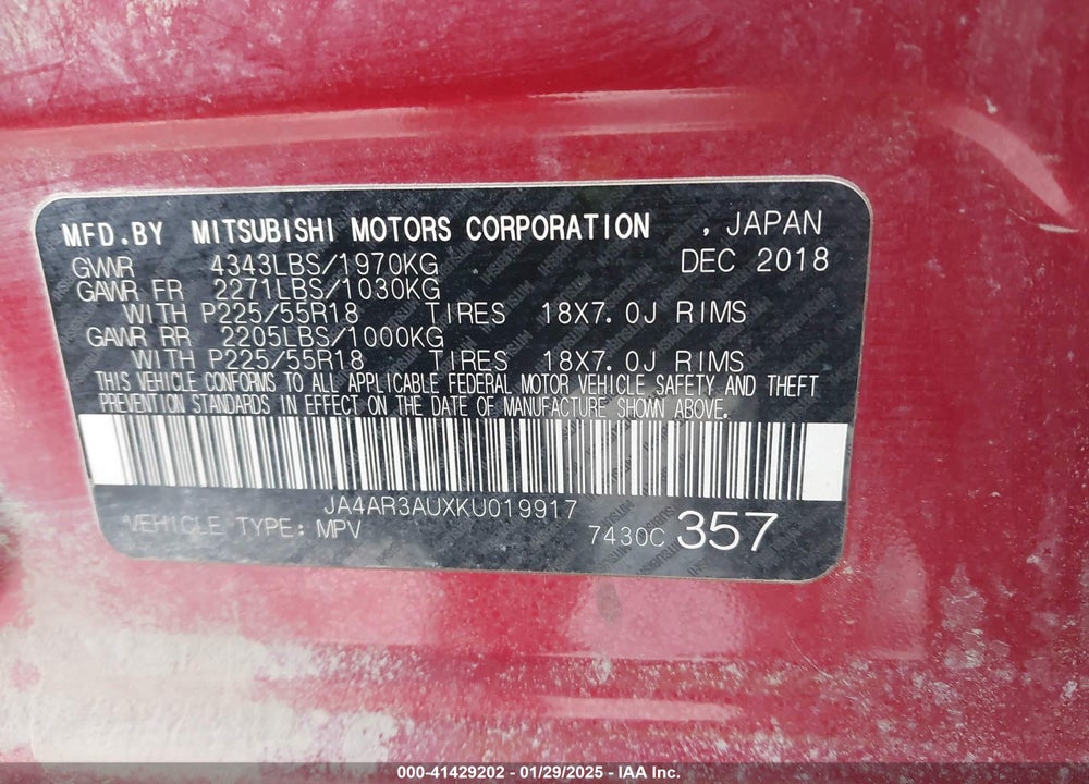 2019 MITSUBISHI OUTLANDER SPORT 2.0 SE VIN: JA4AR3AUXKU019917