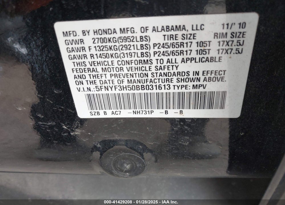 2011 HONDA PILOT EX-L VIN: 5FNYF3H50BB031613
