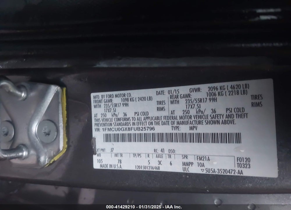 2015 FORD ESCAPE SE VIN: 1FMCU0GX8FUB25796