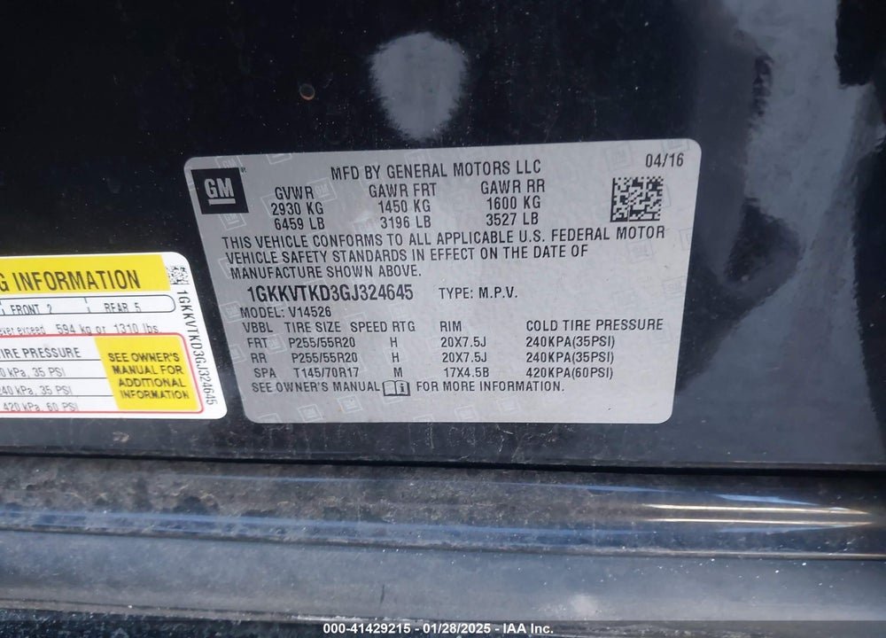 2016 GMC ACADIA DENALI VIN: 1GKKVTKD3GJ324645