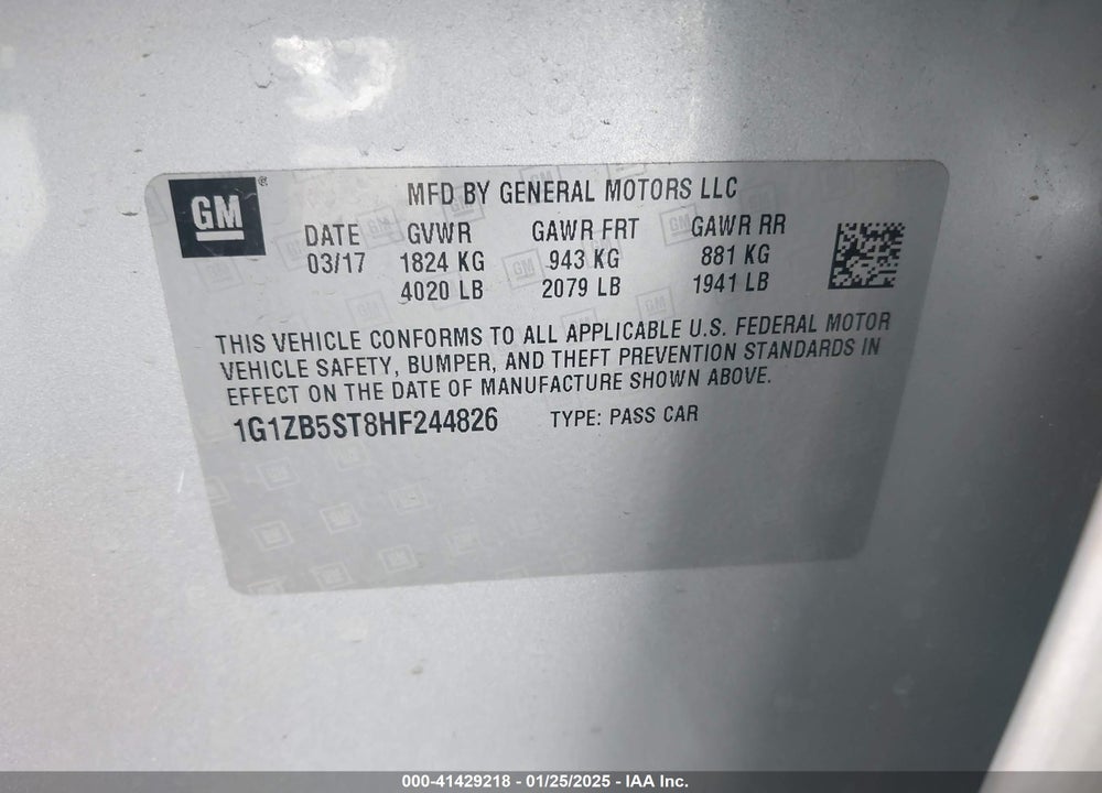 2017 CHEVROLET MALIBU VIN: 1G1ZB5ST8HF244826