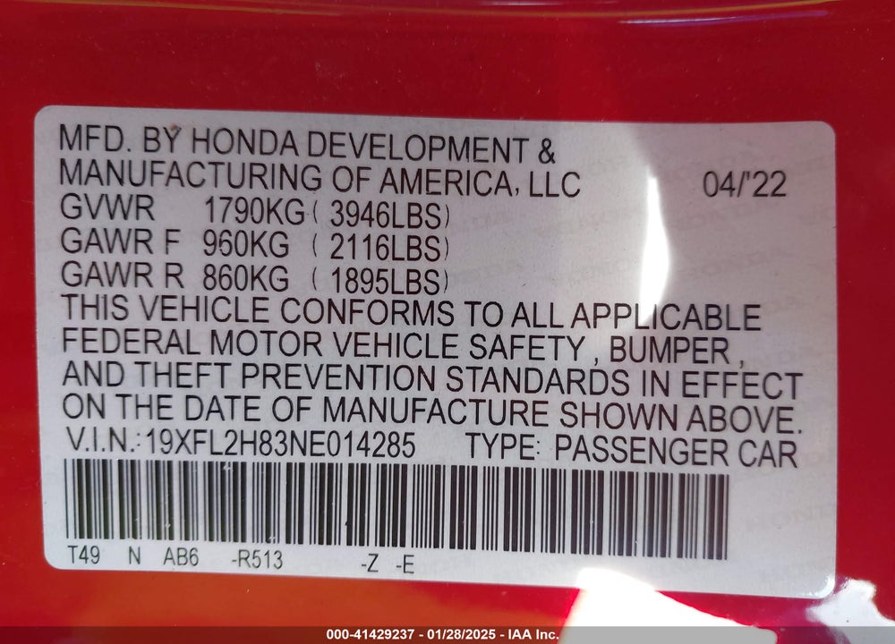 2022 HONDA CIVIC SPORT VIN: 19XFL2H83NE014285
