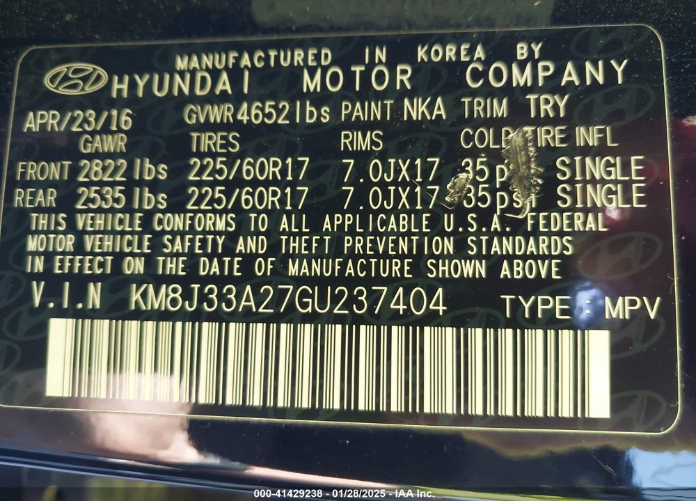 2016 HYUNDAI TUCSON ECO VIN: KM8J33A27GU237404