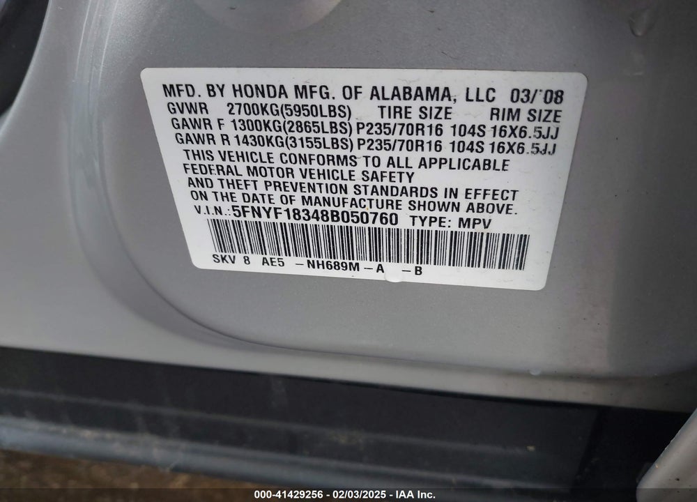 2008 HONDA PILOT VIN: 5FNYF18348B050760