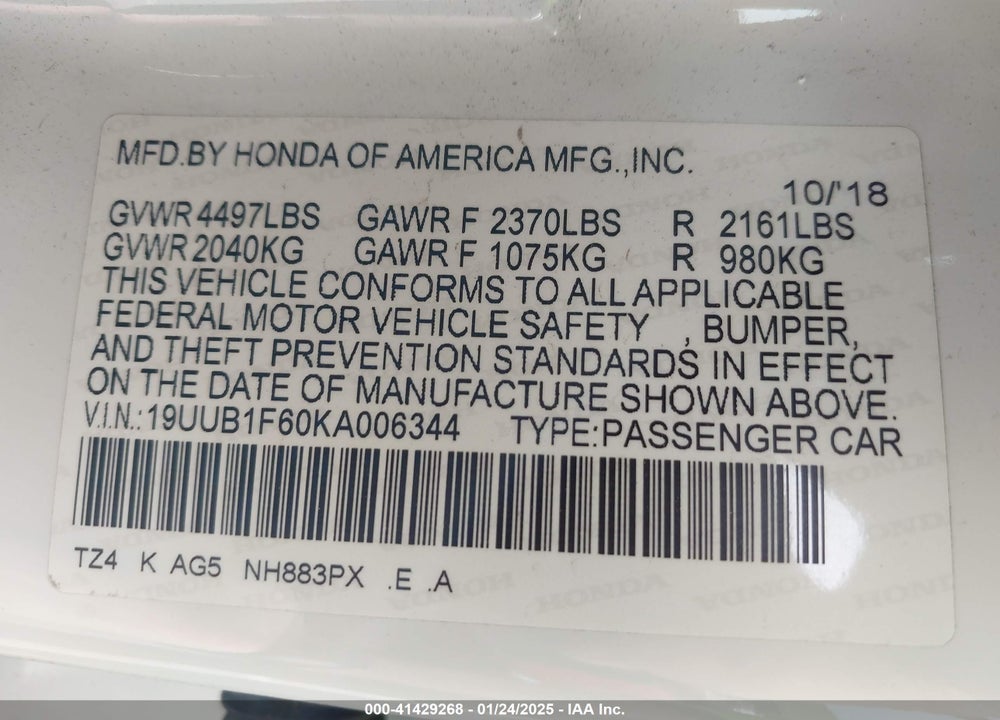 2019 ACURA TLX VIN: 19UUB1F60KA006344