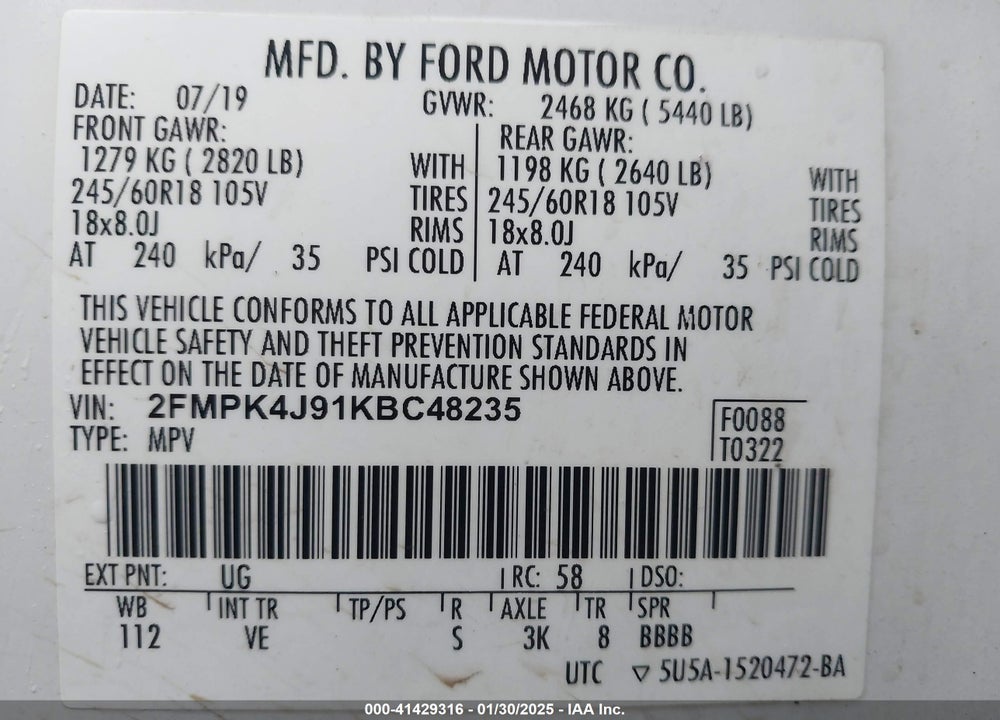 2019 FORD EDGE SEL VIN: 2FMPK4J91KBC48235