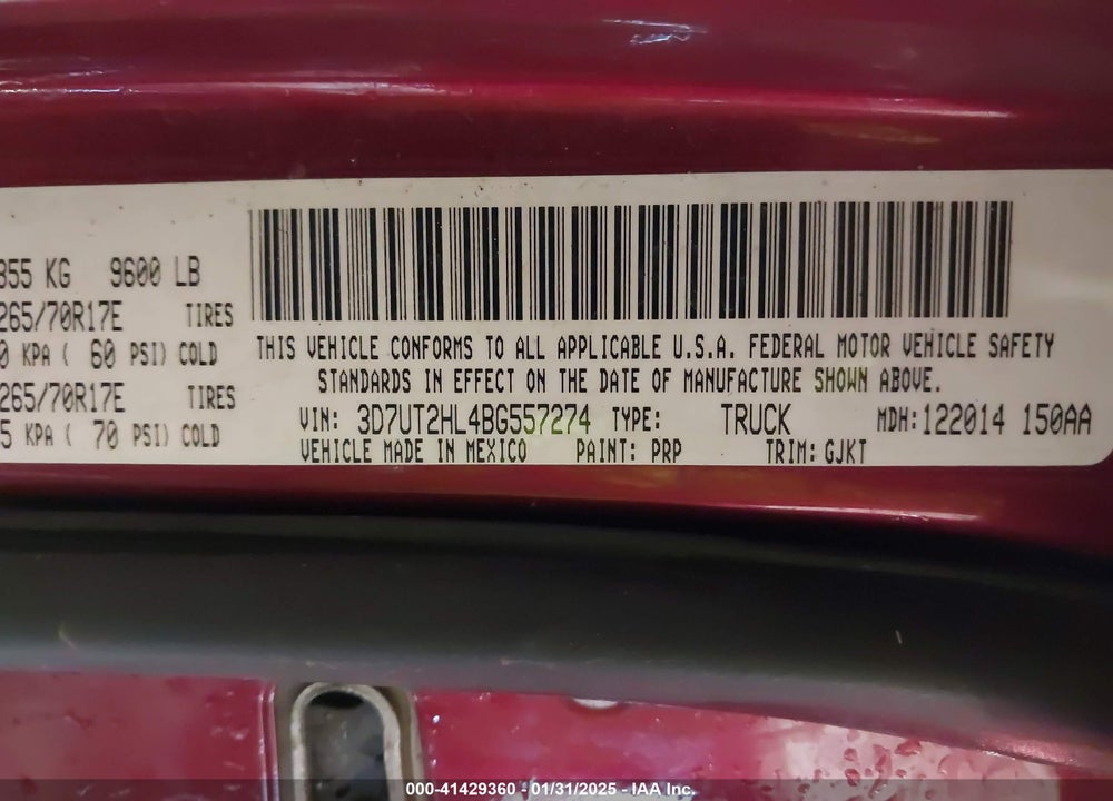 2011 RAM 2500 LAIE VIN: 3D7UT2HL4BG557274