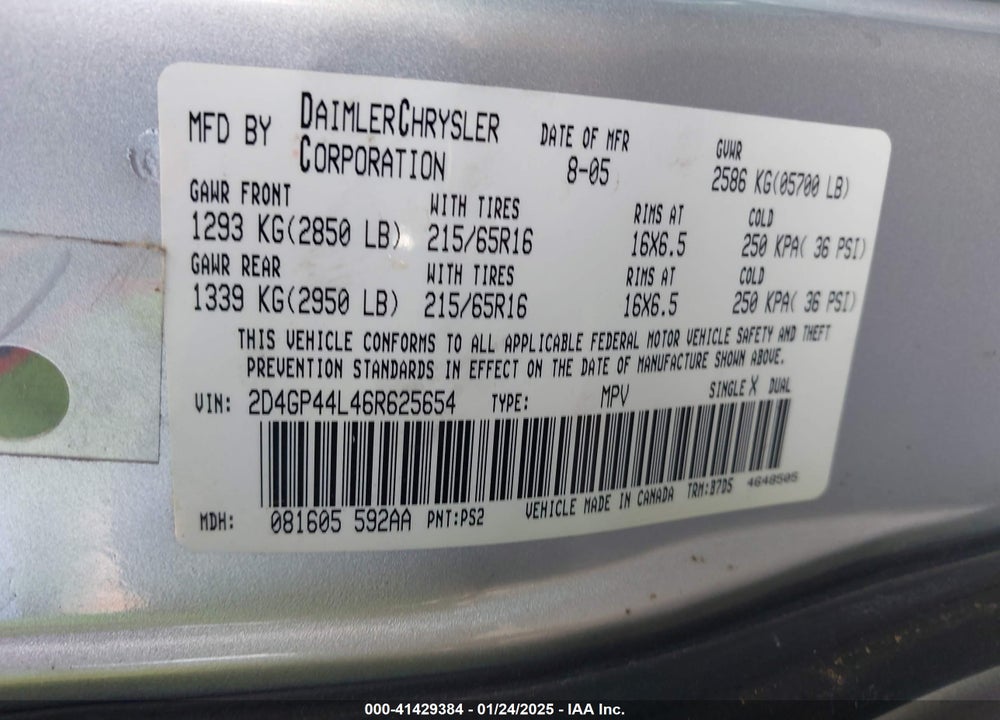 2006 DODGE GRAND CARAVAN SXT VIN: 2D4GP44L46R625654
