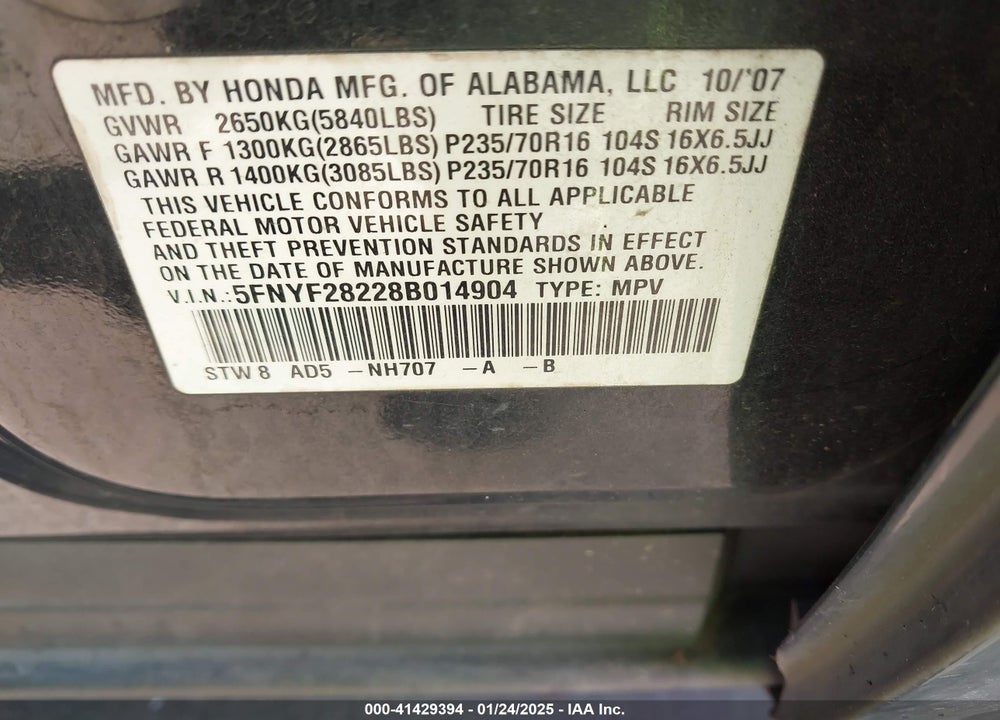 2008 HONDA PILOT VP VIN: 5FNYF28228B014904