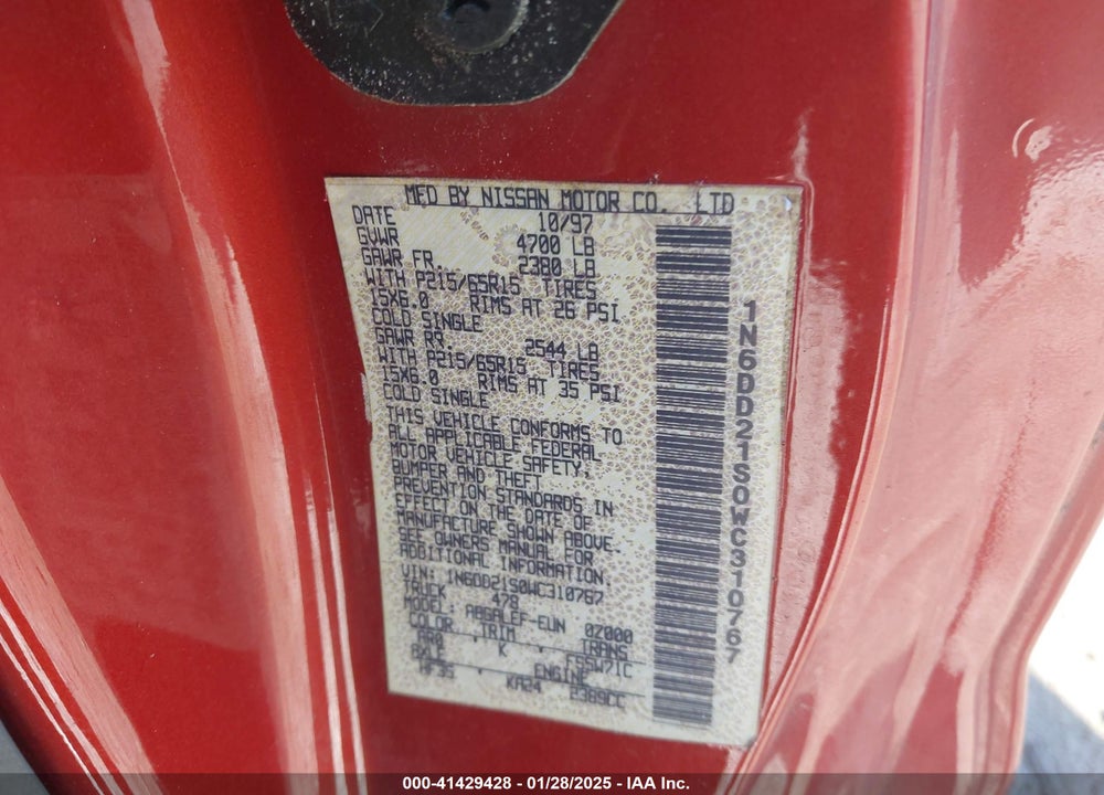 1998 NISSAN FRONTIER STANDARD/XE VIN: 1N6DD21S0WC310767