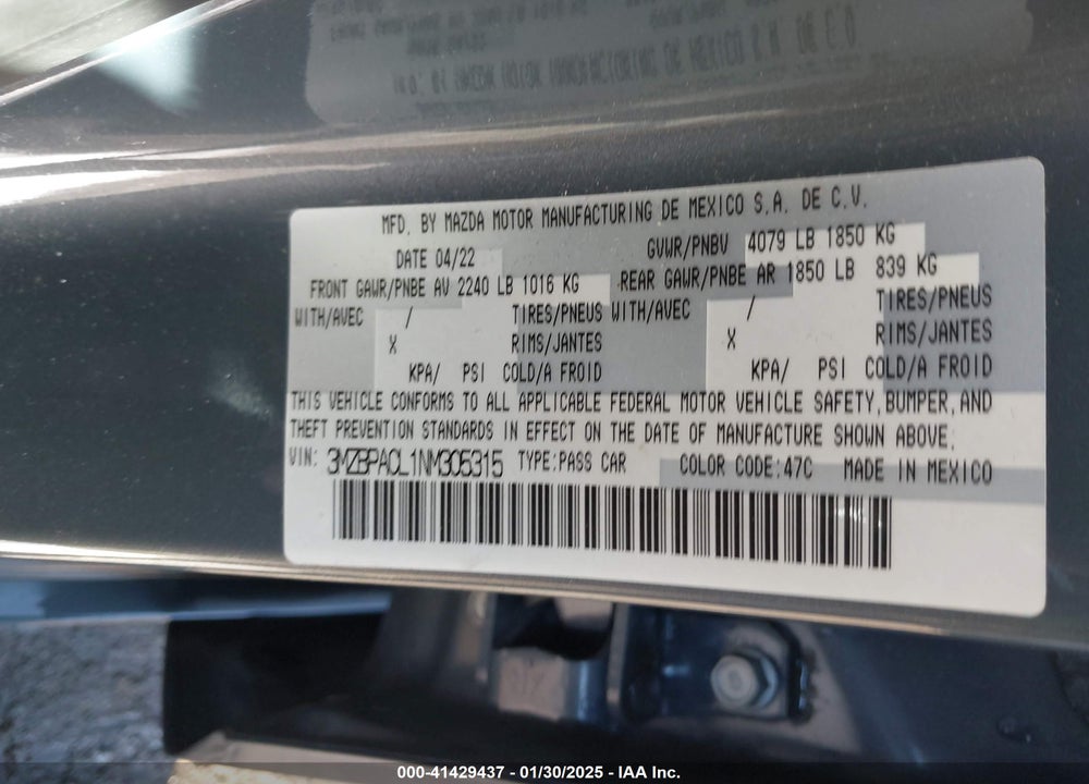2022 MAZDA 3 CARBON EDITION VIN: 3MZBPACL1NM305315