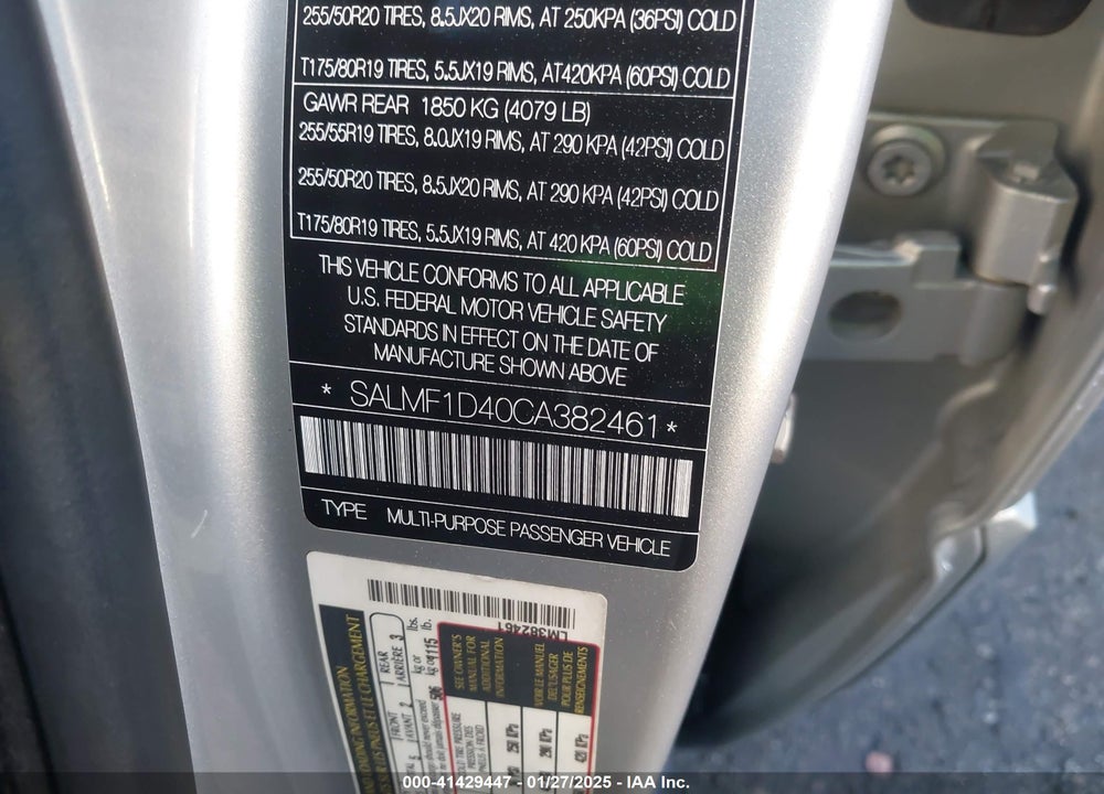 2012 LAND ROVER RANGE ROVER VIN: SALMF1D40CA382461