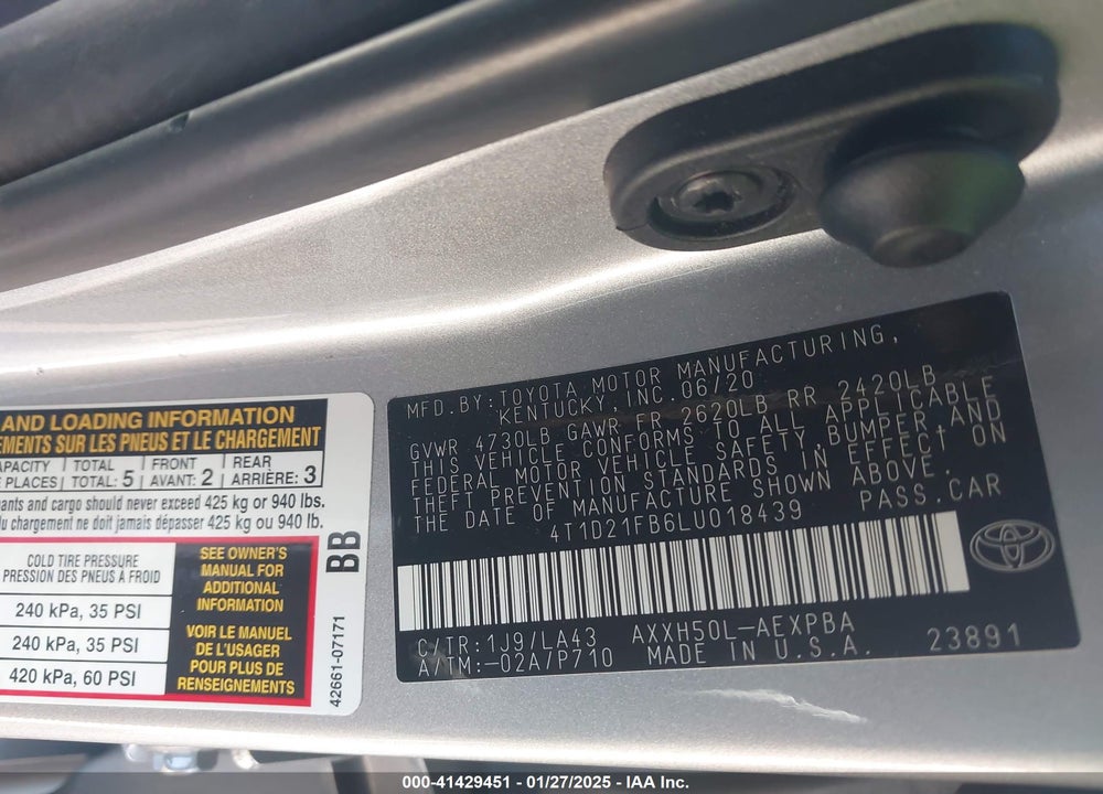 2020 TOYOTA AVALON VIN: 4T1D21FB6LU018439