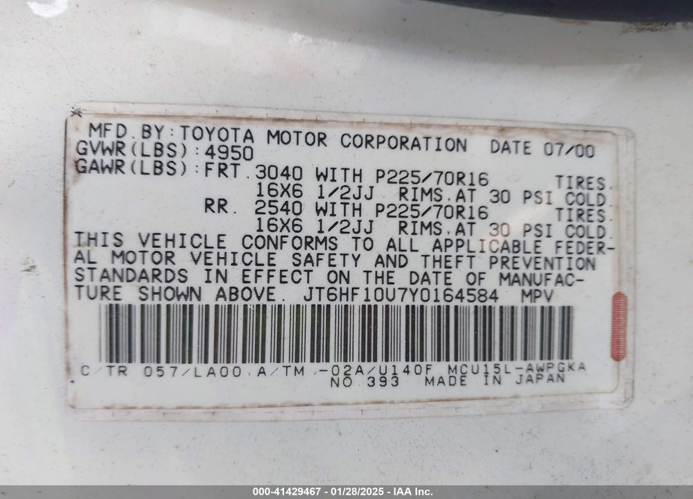 2000 LEXUS RX 300 VIN: JT6HF10U7Y0164584