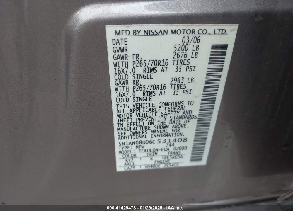 2006 NISSAN XTERRA VIN: 5N1AN08U06C531408