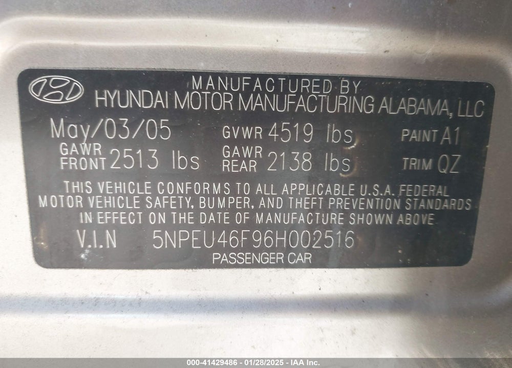 2006 HYUNDAI SONATA GLS V6/LX V6 VIN: 5NPEU46F96H002516