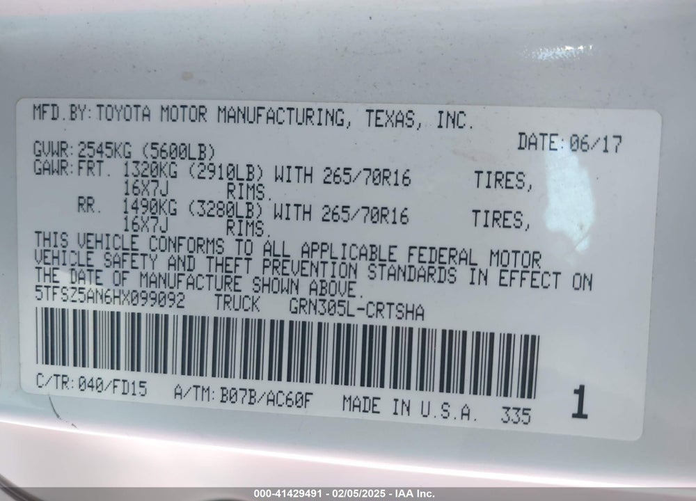 2017 TOYOTA TACOMA TRD OFF ROAD VIN: 5TFSZ5AN6HX099092