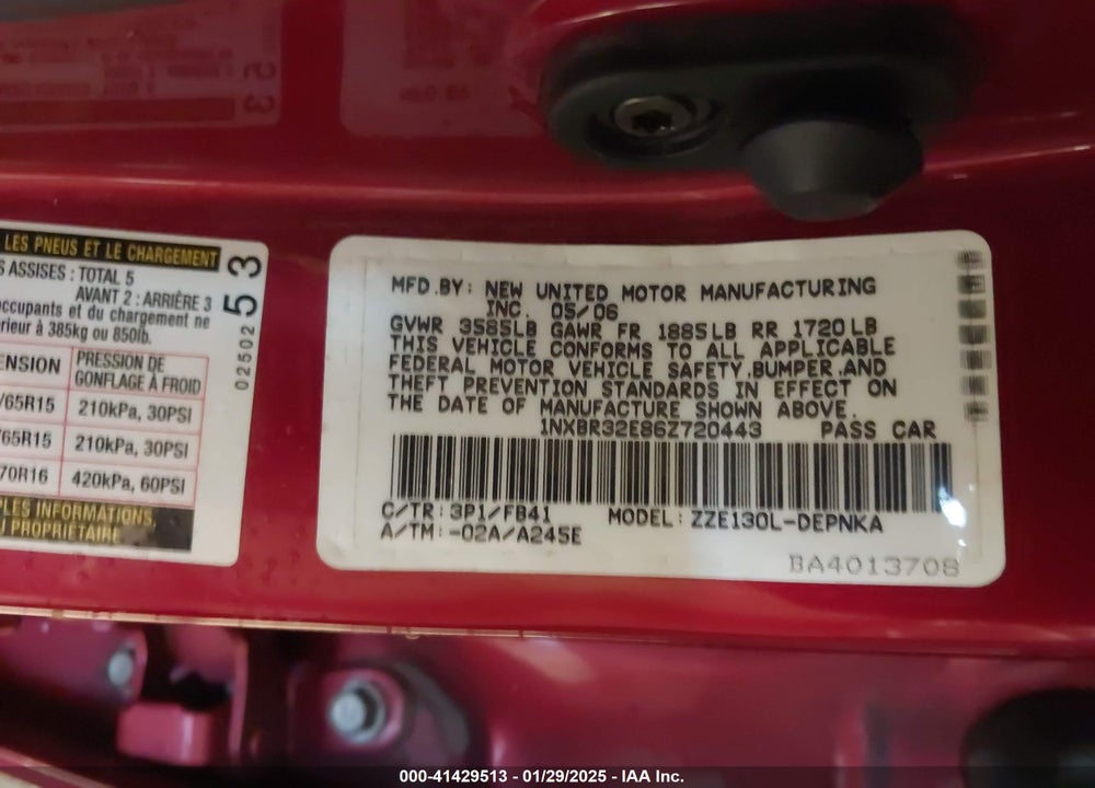 2006 TOYOTA COROLLA LE VIN: 1NXBR32E86Z720443