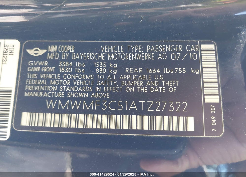 2010 MINI COOPER VIN: WMWMF3C51ATZ27322
