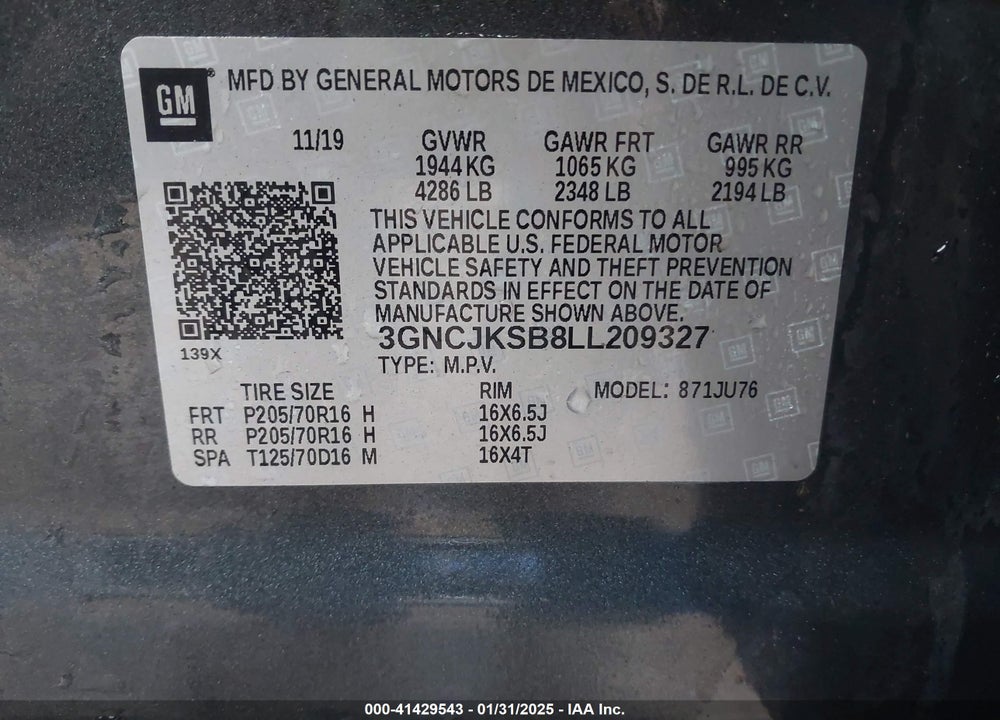 2020 CHEVROLET TRAX FWD LS VIN: 3GNCJKSB8LL209327