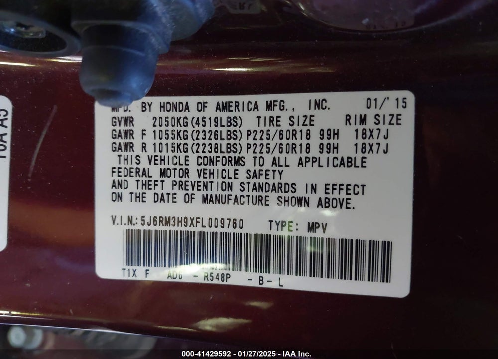 2015 HONDA CR-V TOURING VIN: 5J6RM3H9XFL009760