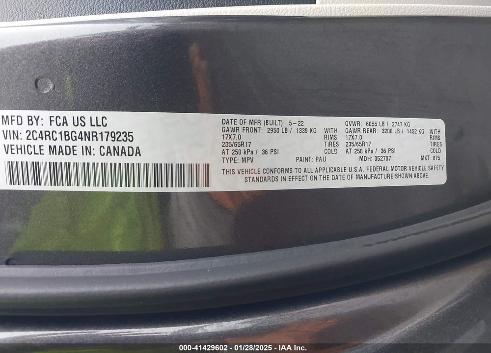 2022 CHRYSLER PACIFICA TOURING L VIN: 2C4RC1BG4NR179235