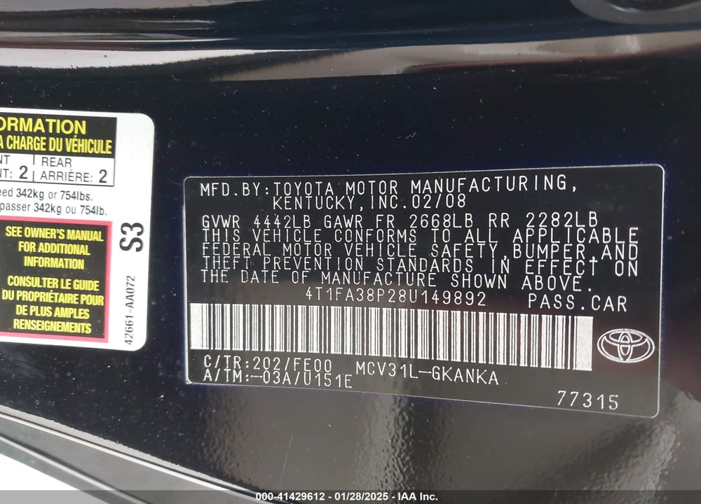 2008 TOYOTA CAMRY SOLARA SE VIN: 4T1FA38P28U149892
