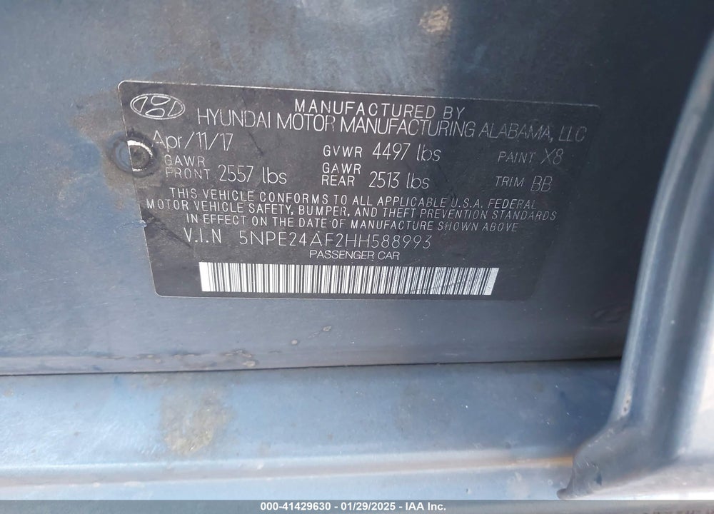 2017 HYUNDAI SONATA VIN: 5NPE24AF2HH588993