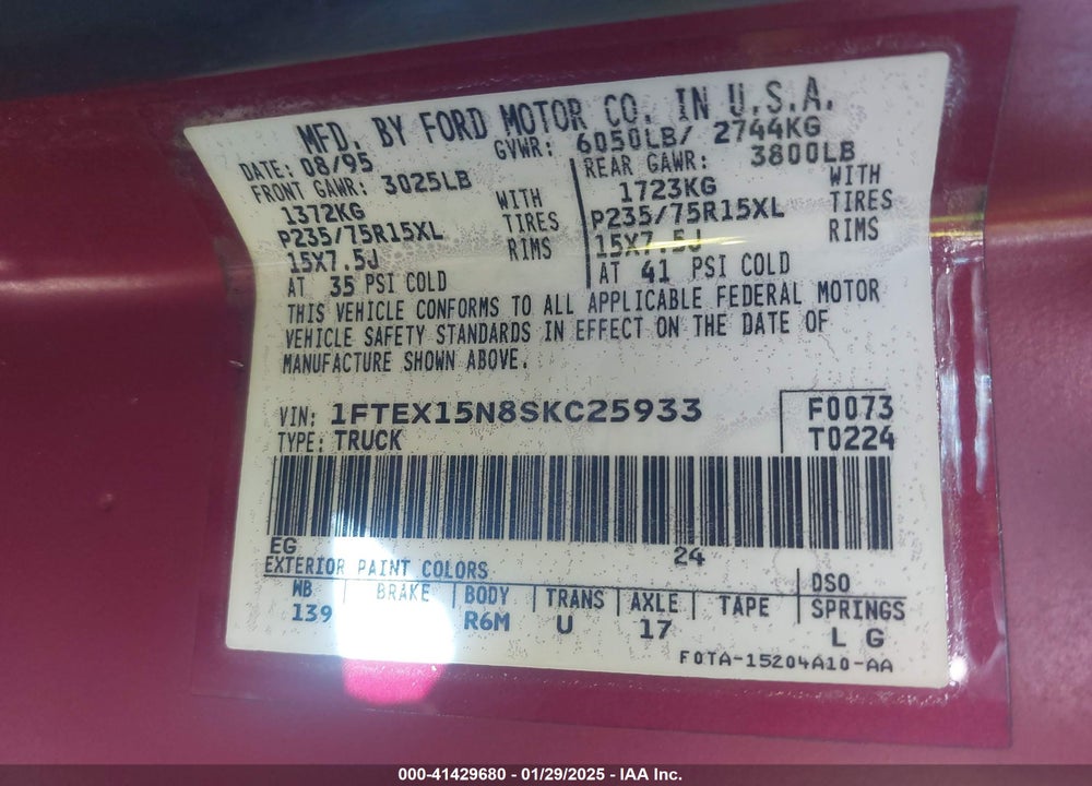 1995 FORD F150 VIN: 1FTEX15N8SKC25933