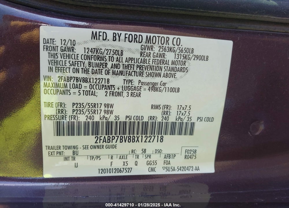 2011 FORD CROWN VICTORIA VIN: 2FABP7BV8BX122718