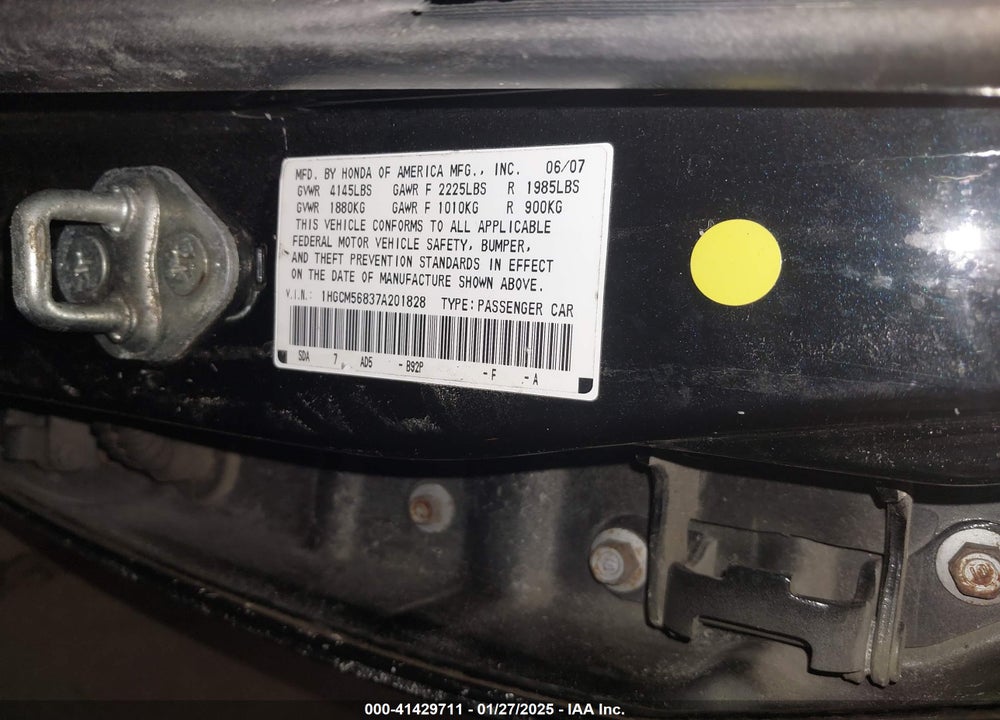 2007 HONDA ACCORD 2.4 EX VIN: 1HGCM56837A201828
