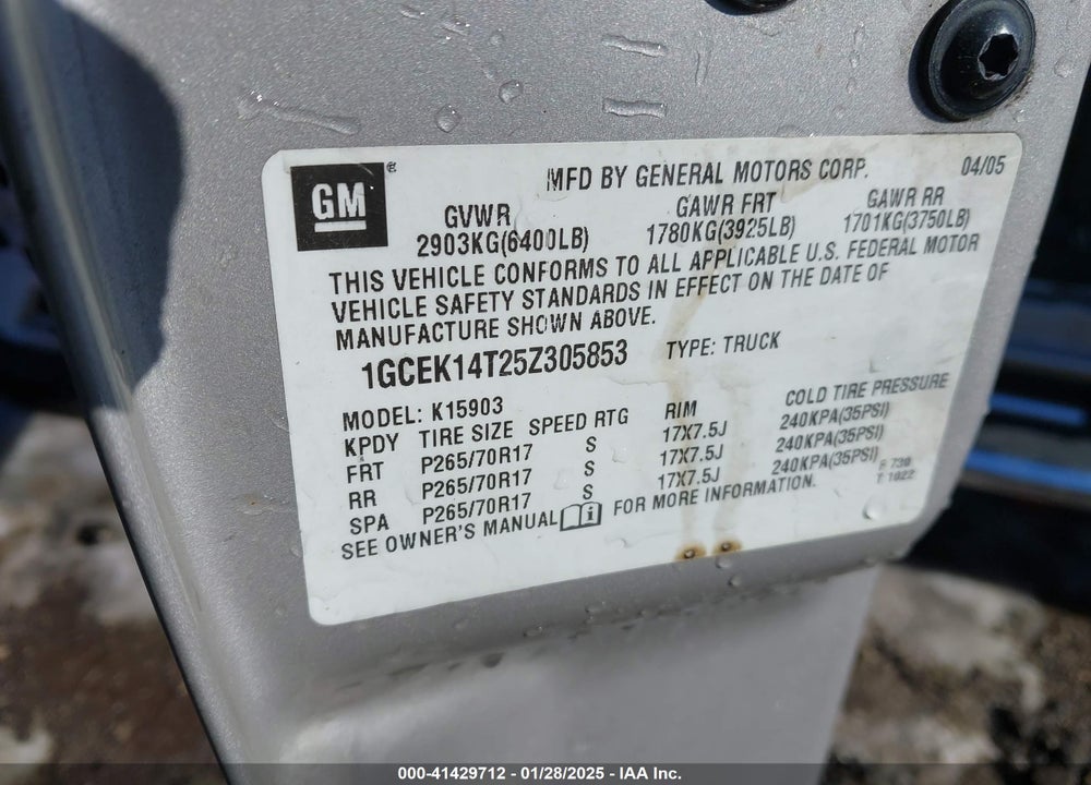 2005 CHEVROLET SILVERADO 1500 Z71 VIN: 1GCEK14T25Z305853