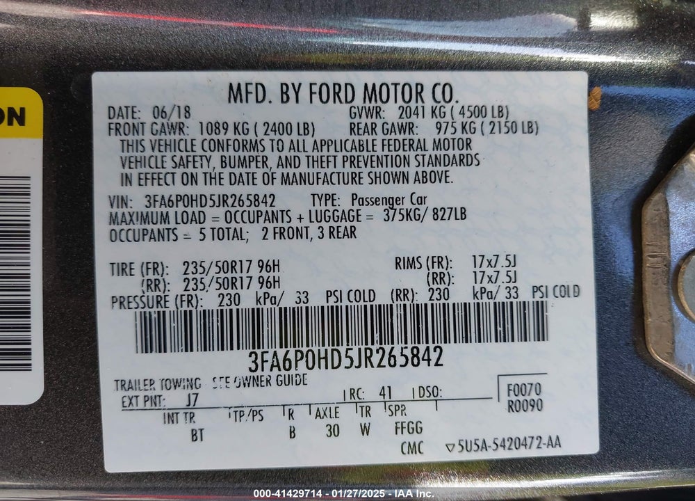 2018 FORD FUSION SE VIN: 3FA6P0HD5JR265842