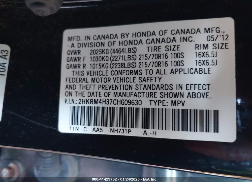 2012 HONDA CR-V LX VIN: 2HKRM4H37CH609630
